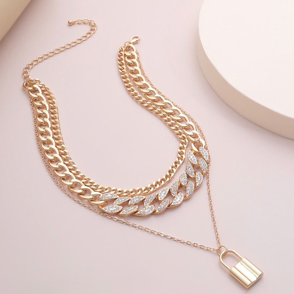 Gold Unisex Multilayer Padlock Chain Necklace